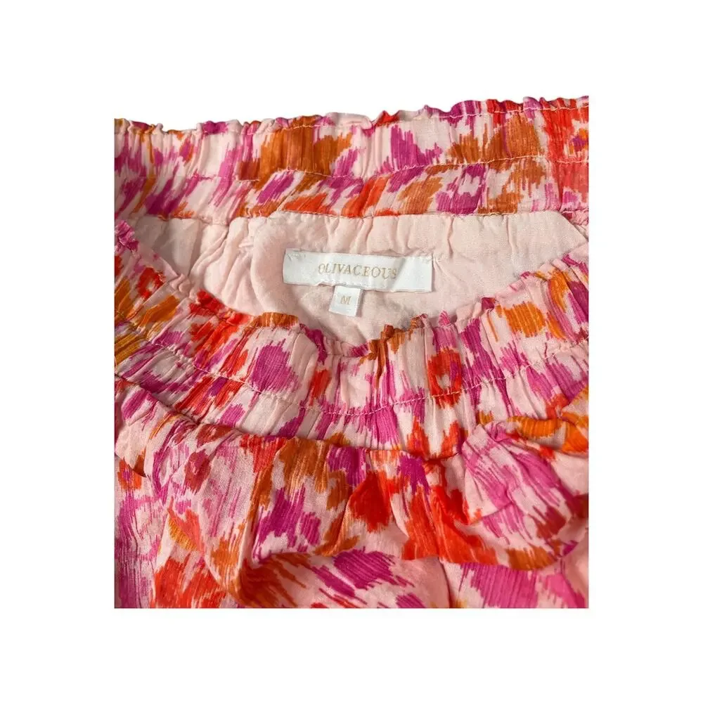 OLIVACEOUS Floral Tiered Ruffle Mini Skirt Smocked Waist Pink Orange Boho- M - Picture 2 of 4